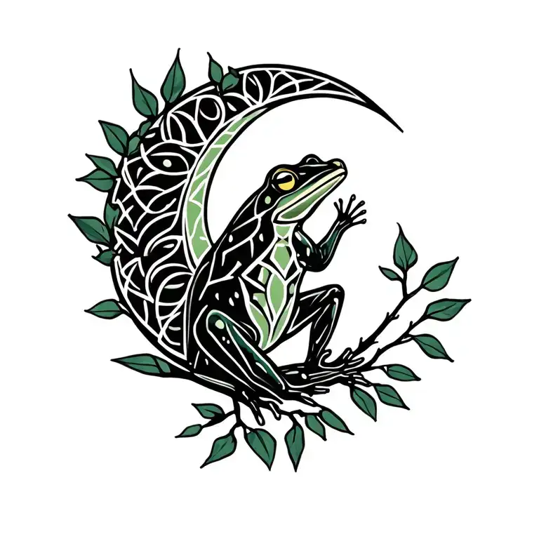 Kambo frog, ayahuasca branch with leaves, waning crescent moon tattoo design idea