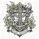 Anvil surrounded by flames witha cross above the anvil and a hammer striking the anvil and a dove with initials MES tattoo design idea