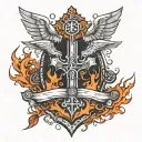 Anvil surrounded by flames witha cross above the anvil and a hammer striking the anvil and a dove with initials MES tattoo design idea