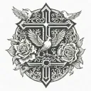 Anvil surrounded by flames witha cross above the anvil and a hammer striking the anvil and a dove with initials MES tattoo design idea