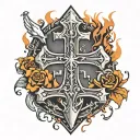 Anvil surrounded by flames witha cross above the anvil and a hammer striking the anvil and a dove with initials MES tattoo design idea