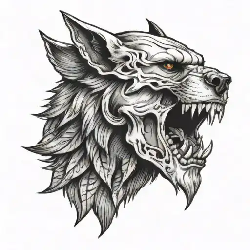 skull wearing a wolf skin American traditional side profile  tattoo design idea