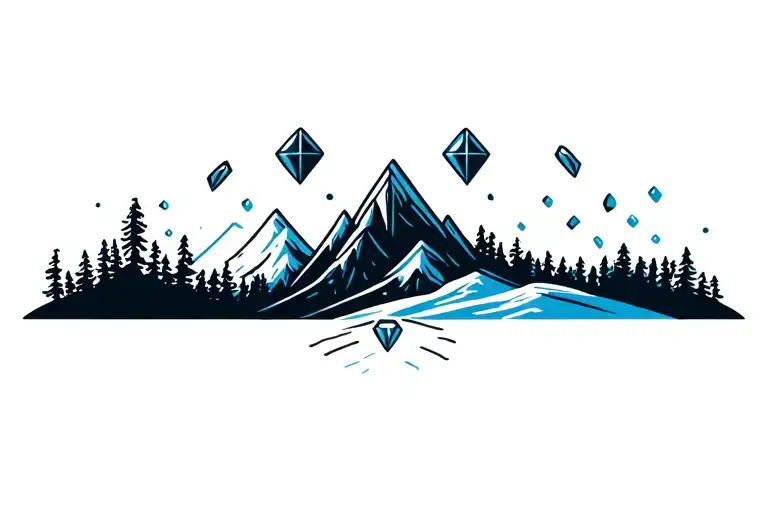 Forest and mountains, with blue snow, two gems scattered tattoo design idea