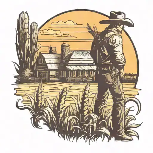 old barn sunset scene  corn stalk framing scene cowboy silhouette tattoo design idea