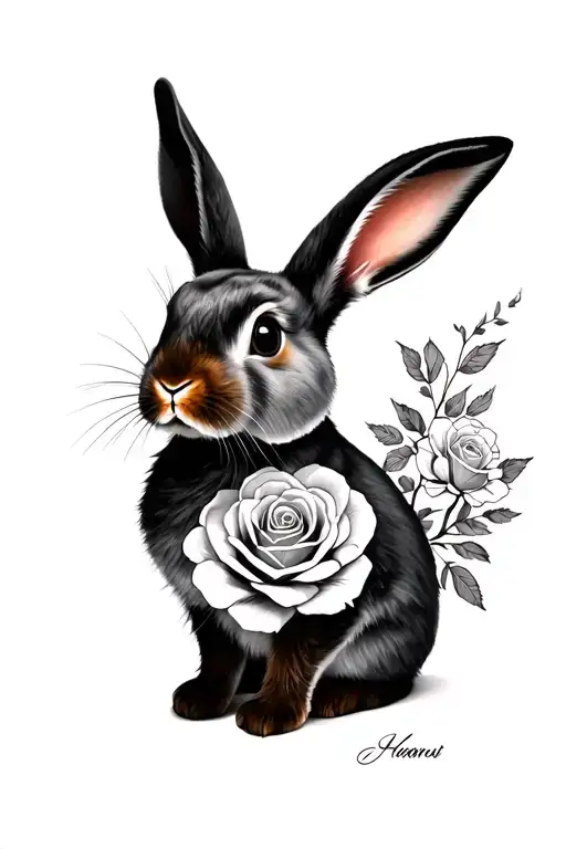 neo traditional lop bunny with roses tattoo design idea