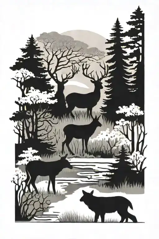 Skeleton deer in woods with 1 dead wolf and trees in the back, and another animal looking out from the woods tattoo design idea