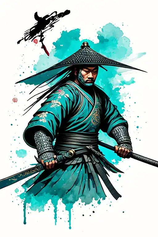 hilltop hoods like samurai warrior with teal watercolour background  tattoo design idea