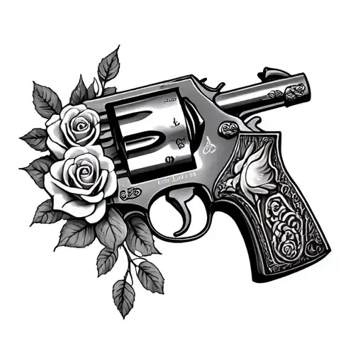 Create a tattoo of a western style Colt 45 revolver. Make the revolver have roses engraved on the barrel  tattoo design idea