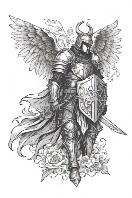 magestic knight with scar on helmet ,who has angel and devil wings spread wide ,who is bowing down on ground tattoo design idea