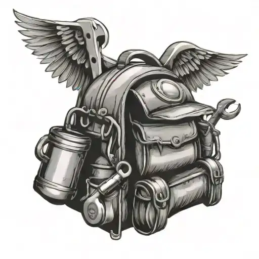 hard hat  with halo and wings carrying a tool bag full of tools lik hammer, drill, ruler, square tattoo design idea