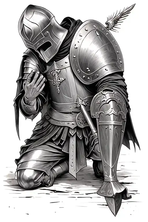 Templar knight kneeling praying with hand on a shield tattoo design idea