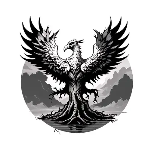 banyan tree with phoenix rising from addiction tattoo design idea