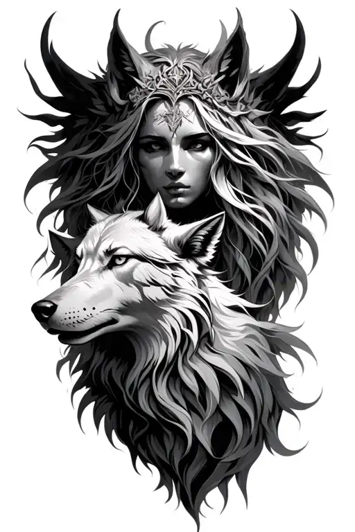 Hel goddess with fenrir wolf tattoo design idea