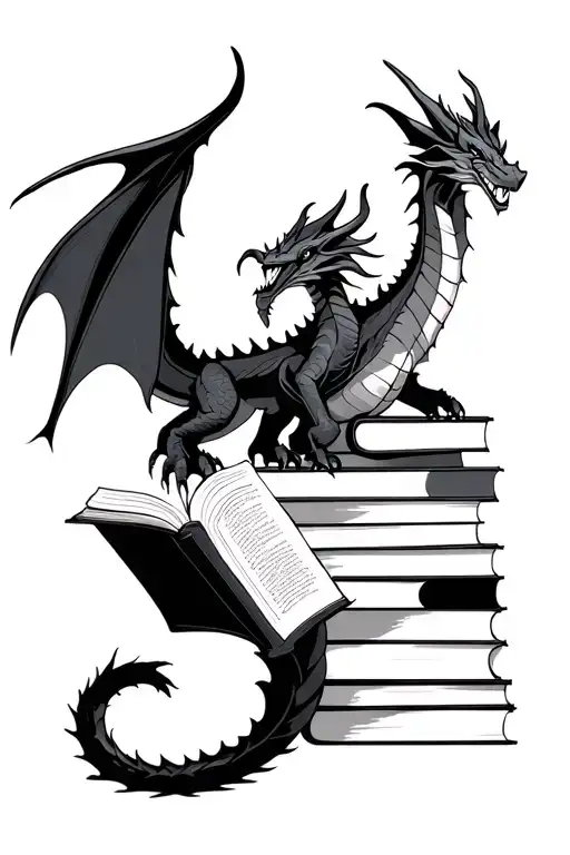 sophisticated black and grey dragon next to a tower of books while reading tattoo design idea