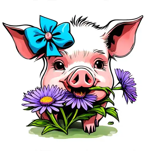baby girl pig with blue bow and chewing on a purple aster flower tattoo design idea