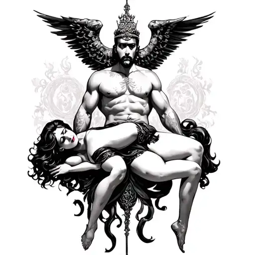 God of sex, Bondage, pleasure,kink, with a sexy woman at his feet. tattoo design idea
