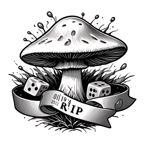 mushroom , 3 dice rolling, ribbon that says RIP, date 01/19/24 tattoo design idea