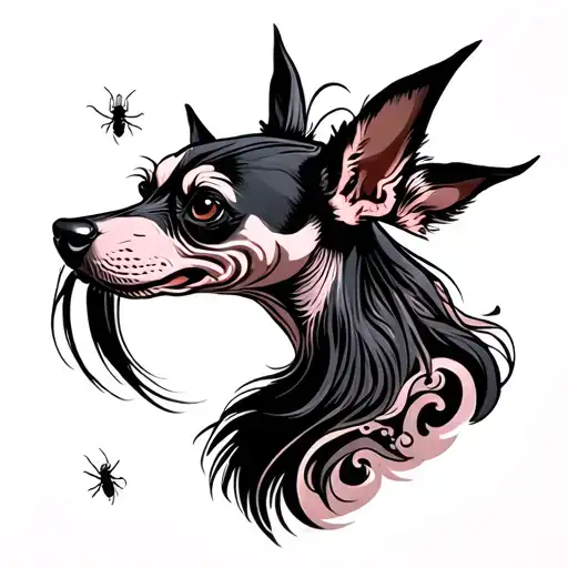 Hairless Chinese crested dog, medium length Mohawk, pointed ears, some Japanese style wave behind and some small bugs. tattoo design idea