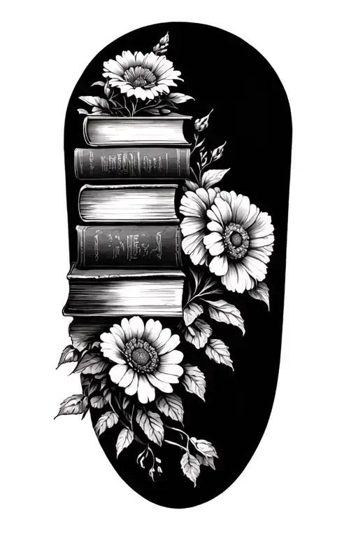 stack of books behind a half sleeve of flowers tattoo design idea