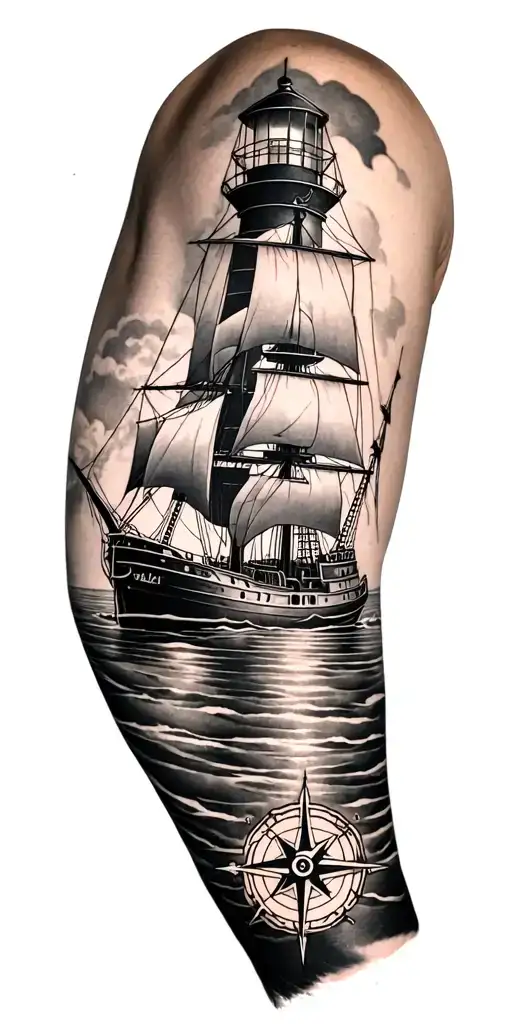 Tattoo Armsleeve lighthouse with a compass and sailing ship on Rauer See tattoo design idea