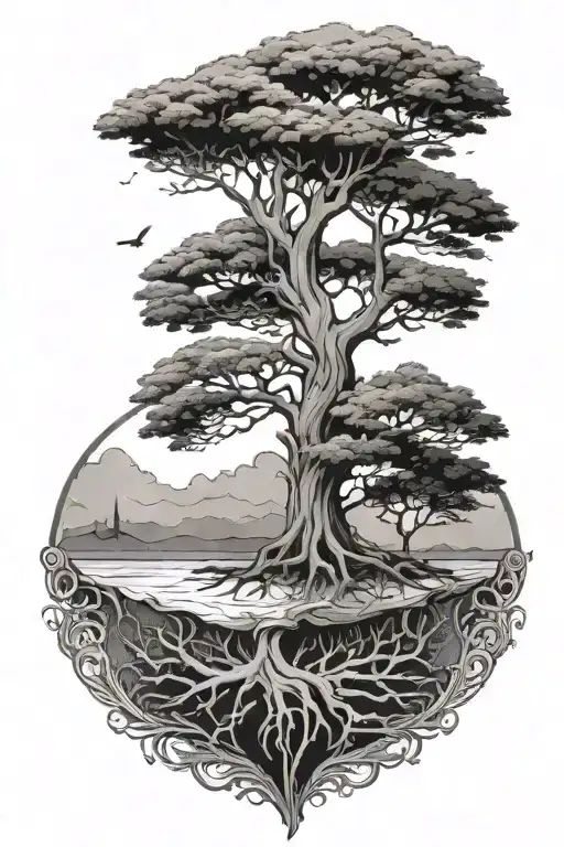 half alive half dead tree of life tattoo design idea