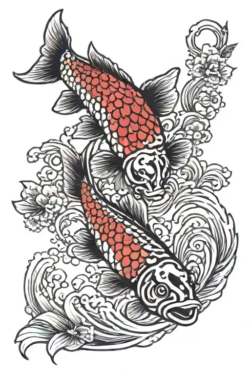 blood red arowana and butterfly  koi tattoo design idea