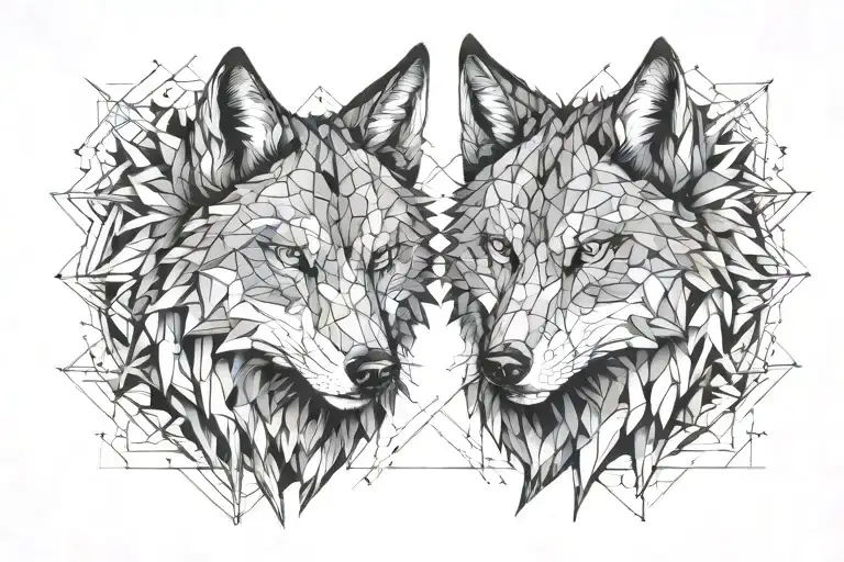 two wolf's head one of them angry with big teehts tattoo design idea