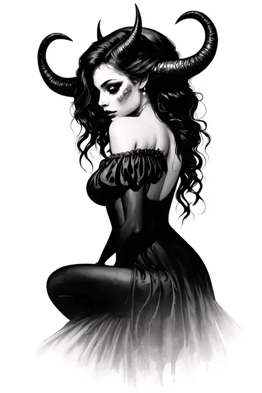 A fine-line gothic interpretation tattoo of a full body, tiny, vintage-style devil woman with small horns. pin-up style tattoo design idea