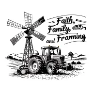tractor plowing with windmill in bqck, banner that says ' Faith, Family, and Framing' tattoo design idea