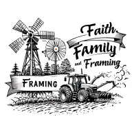 tractor plowing with windmill in bqck, banner that says ' Faith, Family, and Framing' tattoo design idea
