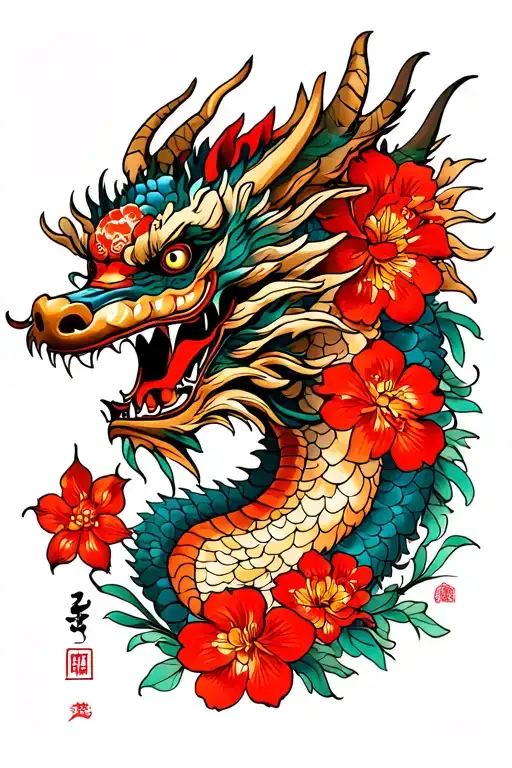 Yakuza tattoo design featuring dragon flowers and oni mask tattoo design idea