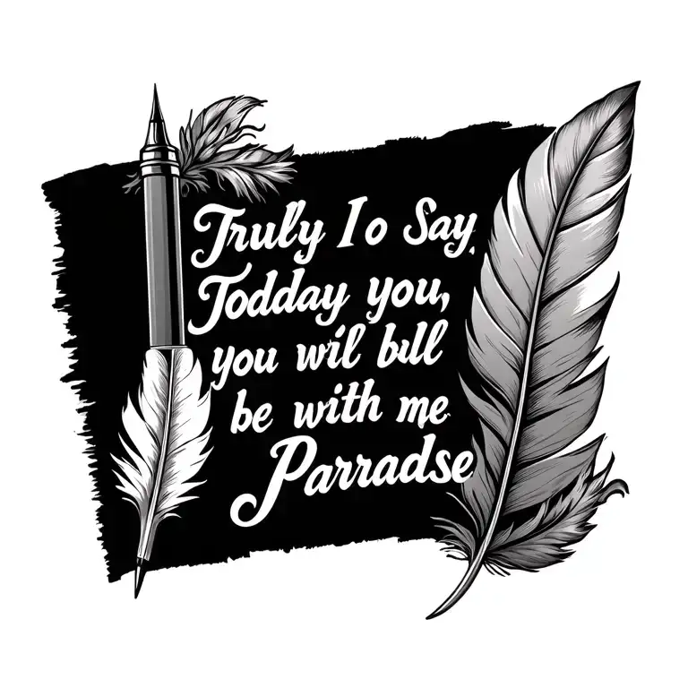 An intricate design of a quill pen writing the quote 'Truly I say to You, Today you will be with me in paradise' in a script font tattoo design idea