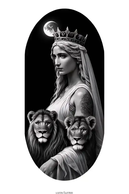 black & grey realism- greek motherhoo goddess with light color hair, wearing crown with small veil, 2 lion cubs and moon tattoo design idea