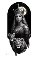 black & grey realism- greek motherhoo goddess with light color hair, wearing crown with small veil, 2 lion cubs and moon tattoo design idea