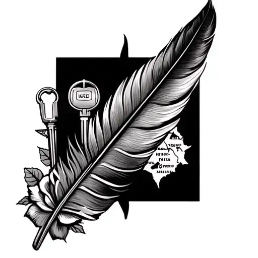 a duck phesant feather, a map of the CA/NV sierras, gm truck and jeep keys, a compass and a rose tattoo design idea