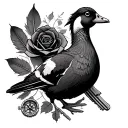 a duck phesant feather, a map of the CA/NV sierras, gm truck and jeep keys, a compass and a rose tattoo design idea