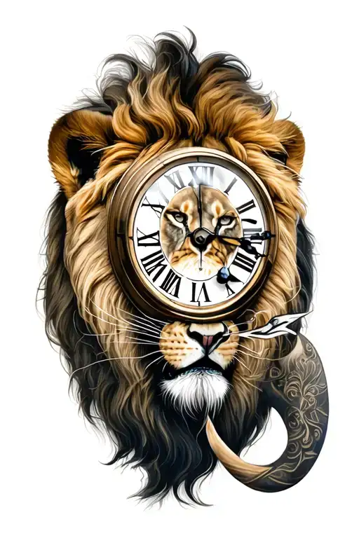 lion and clock tattoo design idea