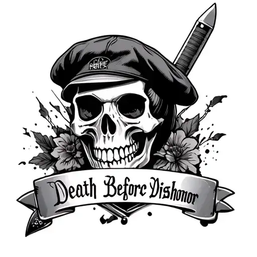 skull wearing a beret with a knife in it words Death Before Dishonor quarter sleeve tattoo  tattoo design idea