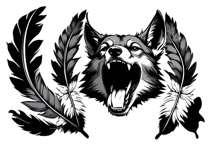 traditional old school coyote head open mouth surrounded by feathers tattoo design idea