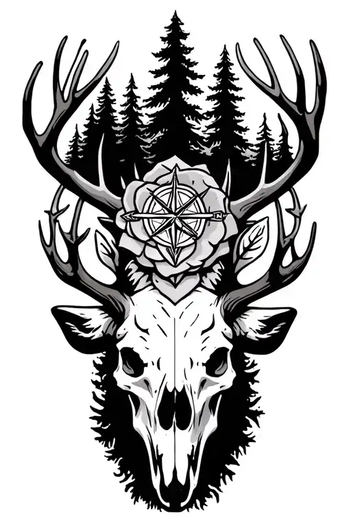 deer skull, pine trees, compasss rose tattoo design idea