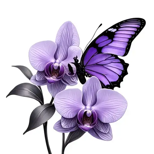 orchid with purple butterfly resting  tattoo design idea