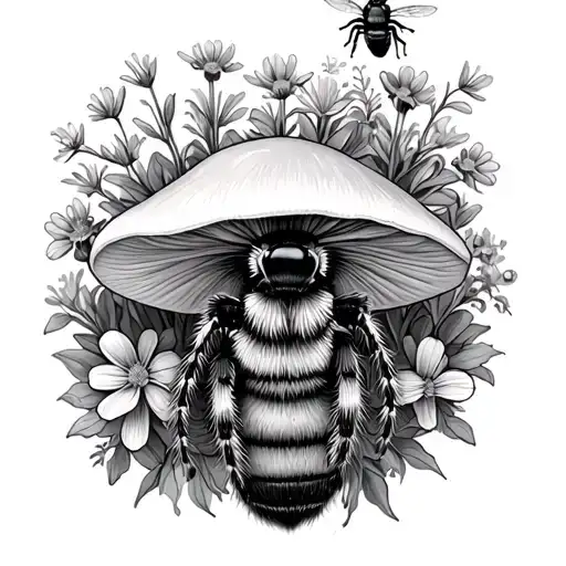 mushroom, wild flowers, bumble bee, jumping spider tattoo design idea