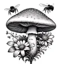 mushroom, wild flowers, bumble bee, jumping spider tattoo design idea
