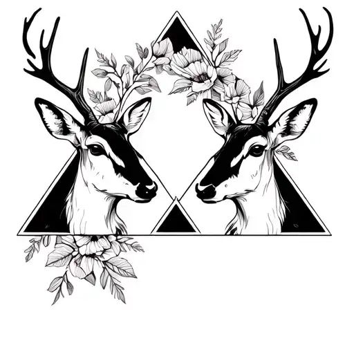 two headed doe NO antlers, floral triangle frame tattoo design idea