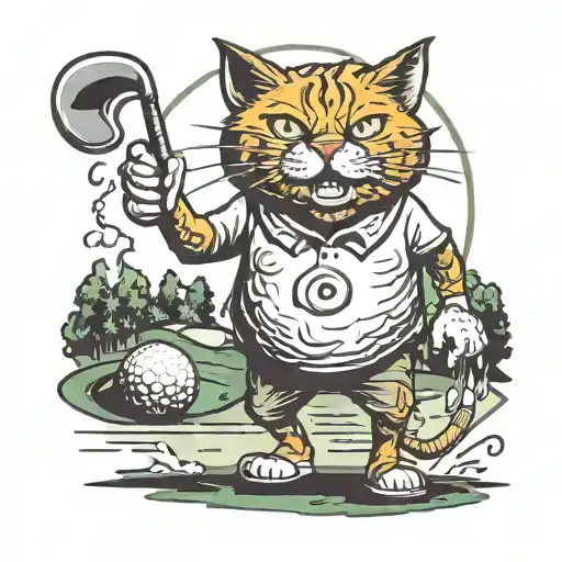 evil orange cat golfing on a golf course with an angry presence. with devil horns and holding a putter golf club tattoo design idea