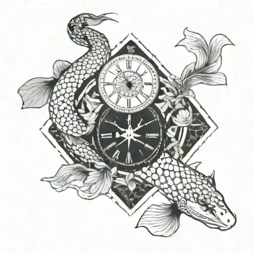 snake, koi fish and a dalis clock tattoo design idea