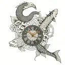 snake, koi fish and a dalis clock tattoo design idea