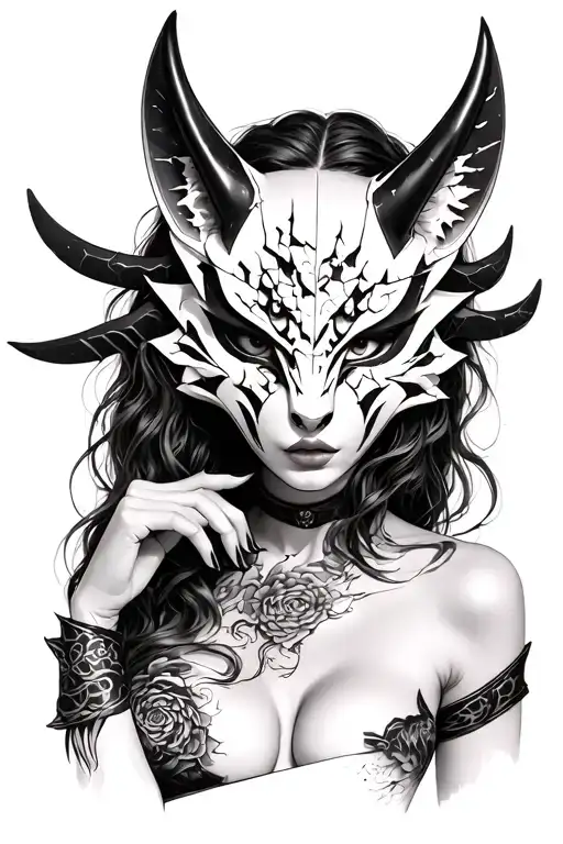 Sexy woman wearing an Oni mask, hidden behind a broken kitsune mask tattoo design idea