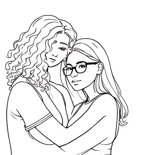 Women's silhouette with curly hair hugging another minor woman with glasses and straight hair tattoo design idea