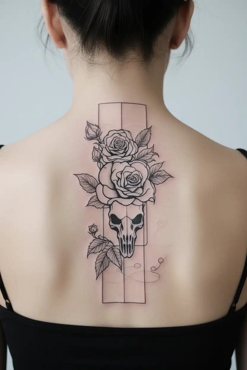 rectangle card with floral roses and a rams skull in the centre  tattoo design idea